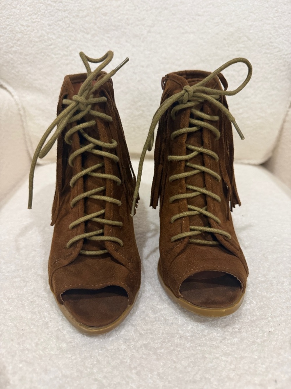 Brown Suede Lace-Up Peep-Toe and sides Heels with Fringe